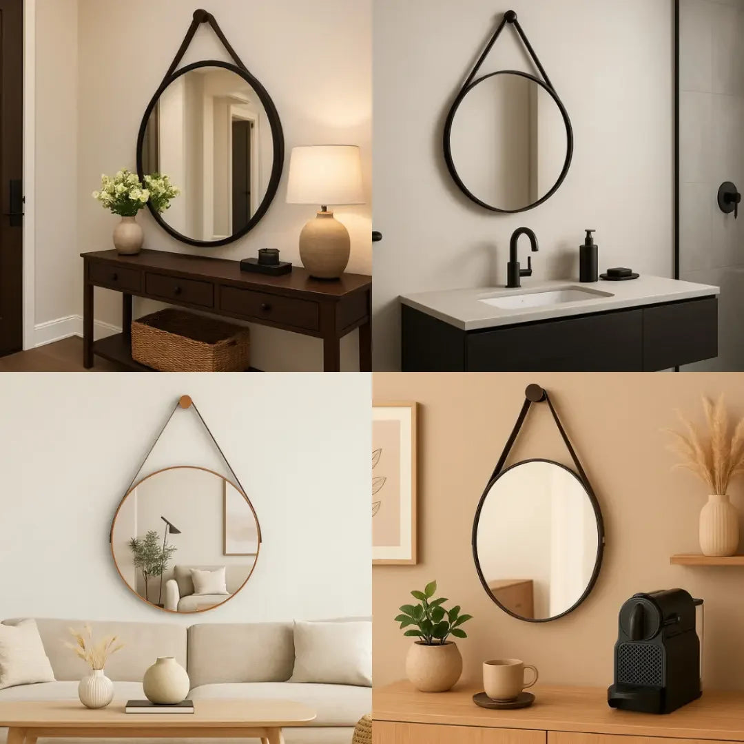 Adnet Round Leather Mirror with Handle + Stand, 60cm