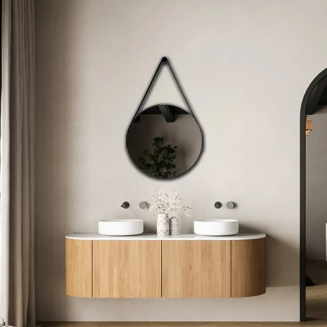 Adnet Round Leather Mirror with Handle + Stand, 60cm