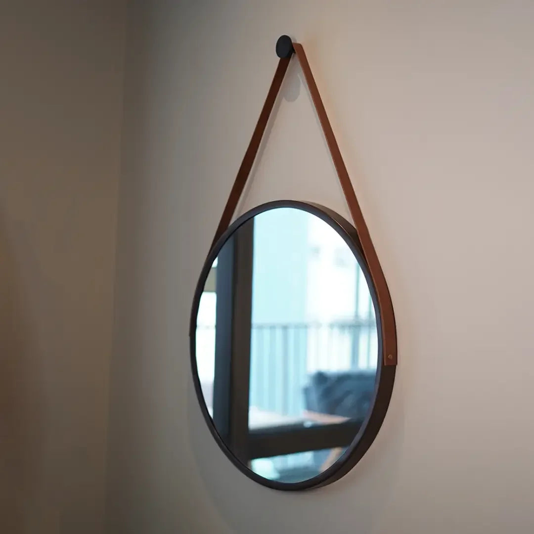 Adnet Round Leather Mirror with Handle + Stand, 60cm