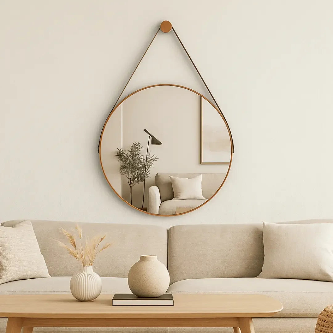 Adnet Round Leather Mirror with Handle + Stand, 60cm